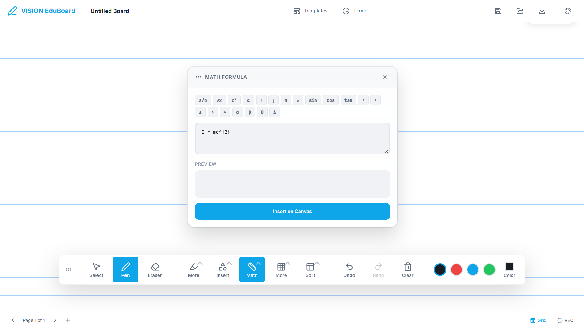 VISION EduBoard math formula editor interface