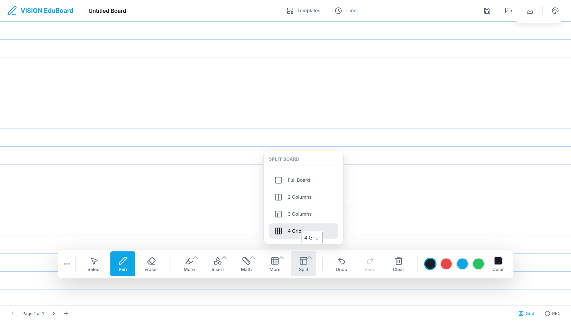 VISION EduBoard split board menu showing full board and grid options