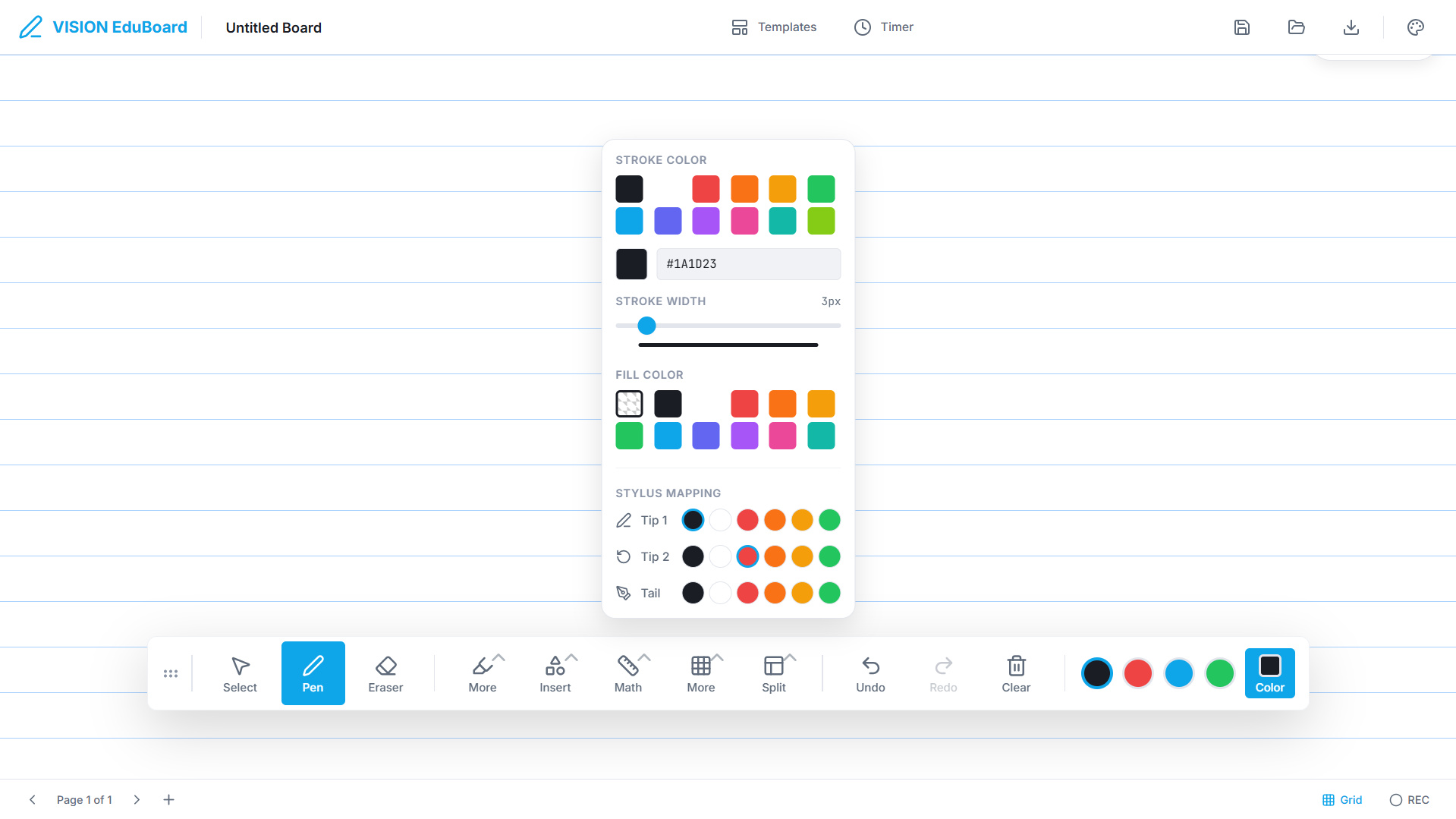 VISION EduBoard stylus mapping interface showing color and tip assignment