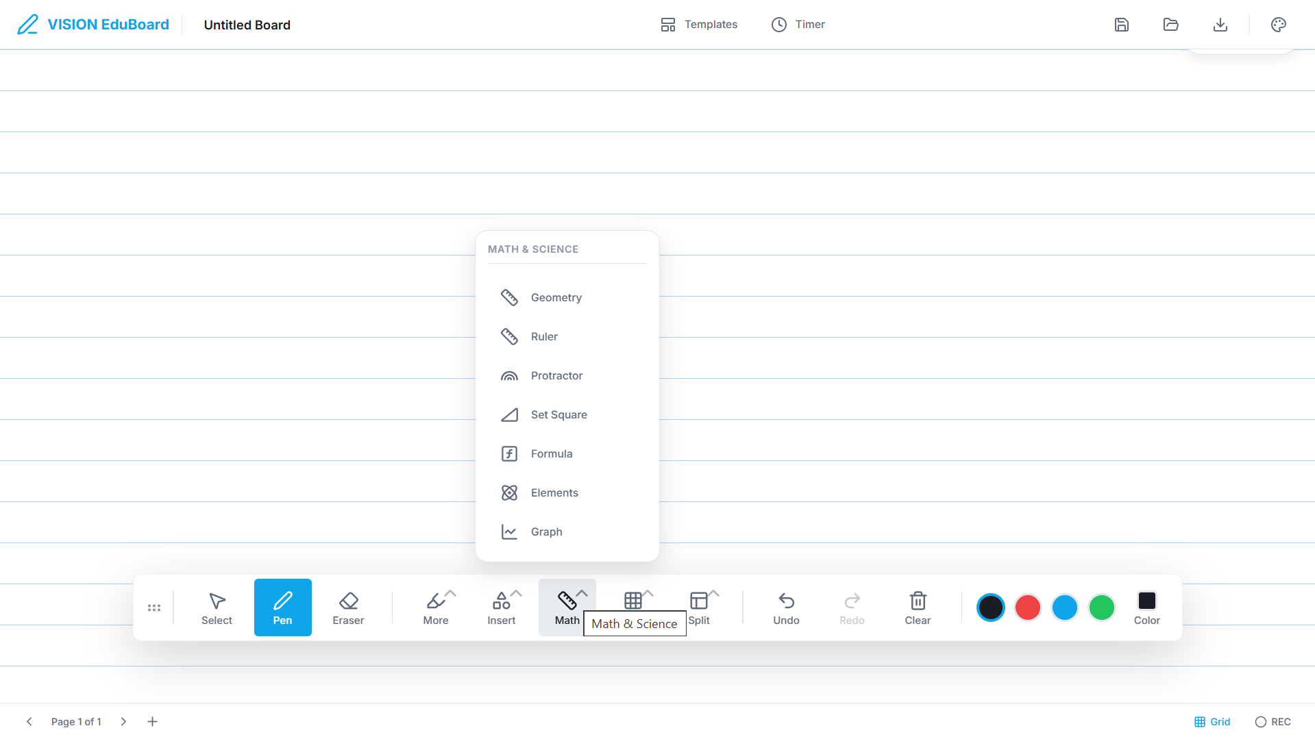 VISION EduBoard Math and Science tools menu showing geometry, ruler, protractor, set square, formula, elements, and graph options